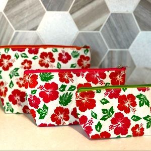 Floral travel/makeup bags - set of 4 - hibiscus pattern. Cotton